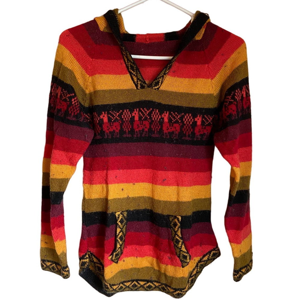 Llama Knit Tunic Shirt Hood Popover Wool Sweater Size S Festival Outdoor Boho